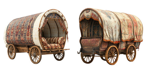 Covered wooden wagons with antique texture isolated on transparent background perfect for Wild West, pioneer, or historical transportation themes