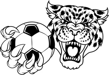 A jaguar, panther, leopard or cheetah wildcat spotted cat soccer football sports team mascot holding a ball © Christos Georghiou