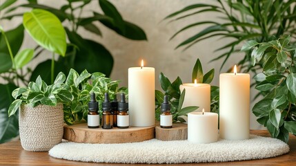 Obraz premium Serene candles and plants wellness still life