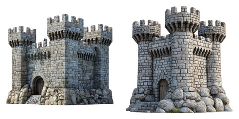 Medieval stone castles with towers and battlements isolated on transparent background perfect for fantasy, gaming, and European architecture visuals