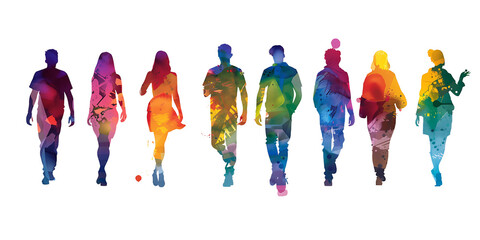 Fototapeta premium A vibrant silhouette of eight figures walking in a line, showcasing a spectrum of colors and artistic patterns.