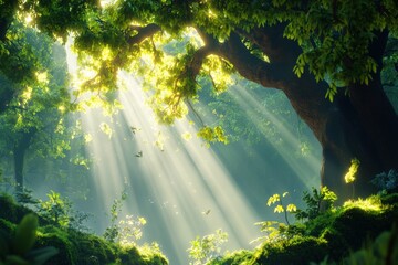 Fototapeta premium Sunlight streams through morning mist illuminating a dense forest in delicate rays