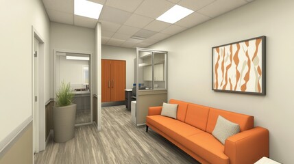 Modern Waiting Room Interior with Orange Couch and Minimalist Decor in Bright Space