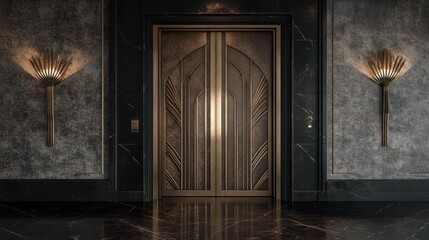 Elegant Art Deco elevator doors in a dark, luxurious hallway with marble walls and floor.