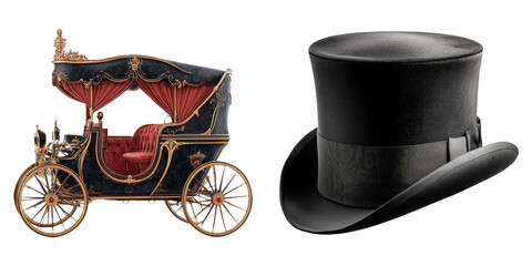 Vintage carriage and black top hat isolated on transparent background perfect for Victorian-era themes, royalty, and classic transportation visuals