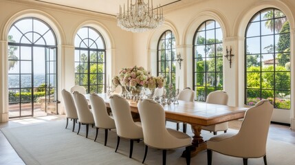 Obraz premium Elegant dining room with large arched windows, wooden table, and beige chairs, offering a scenic view.