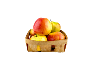 Harvest of apples in a wooden basket. Collecting apples in the garden. Fruit apple. Farm gardening. Agricultural business. Wicker wooden basket. Isolate in png format. Insert into mockup. Photo for te