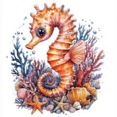 Fototapeta premium Cute seahorse in coral reef illustration