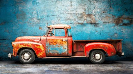 Fototapeta premium Old rusty truck parked against aged, turquoise wall. Classic car