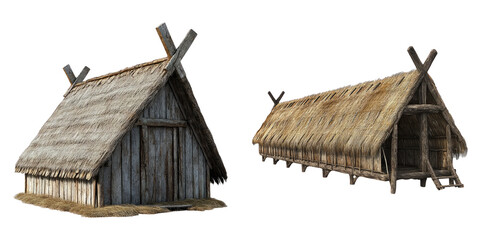 Primitive wooden huts with straw roofs isolated on transparent background perfect for early civilization, tribal, or prehistoric settings