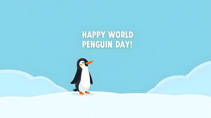 Obraz premium Happy World Penguin Day – Cute Stylized Penguin Illustration on Snowy Blue Background, world penguin day