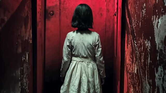 A young girl in a vintage dress stands in a dimly lit corridor with red walls, evoking suspense