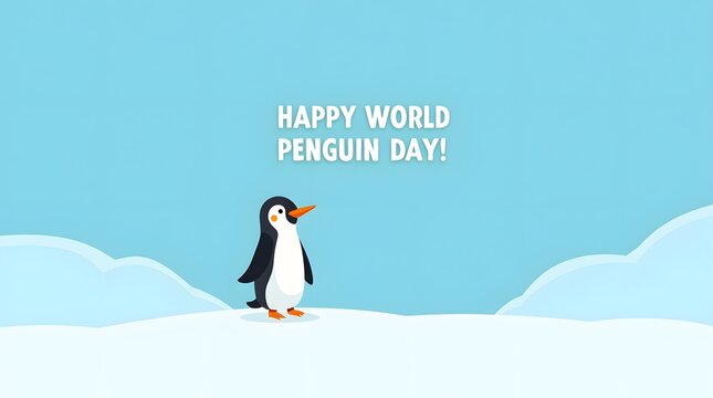 Happy World Penguin Day – Cute Stylized Penguin Illustration on Snowy Blue Background, world penguin day - Powered by Adobe