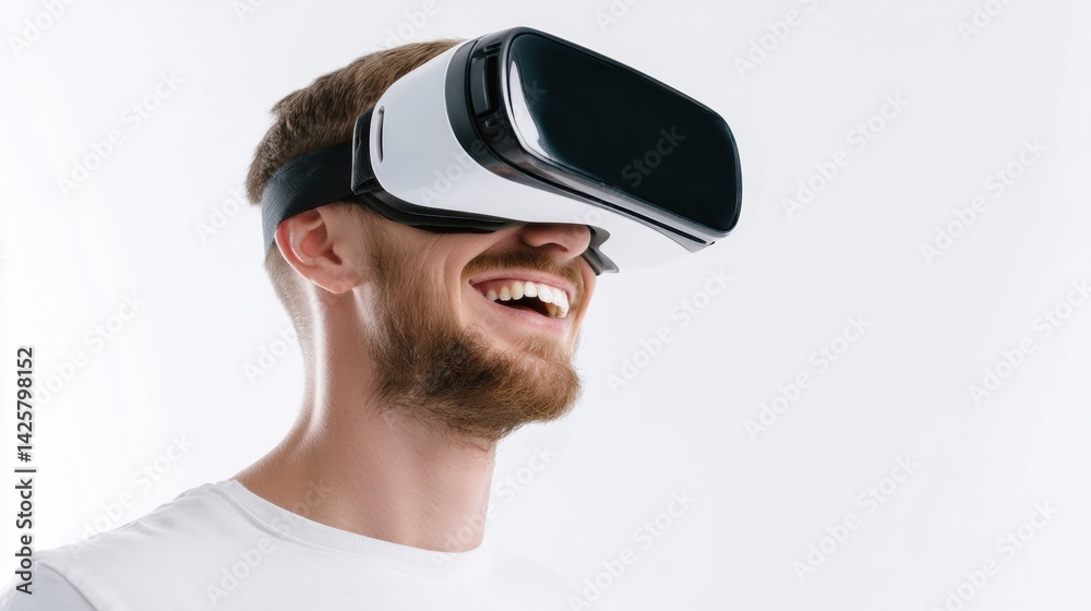 Poster happy man enjoying immersive experience with virtual reality goggles on plain white background