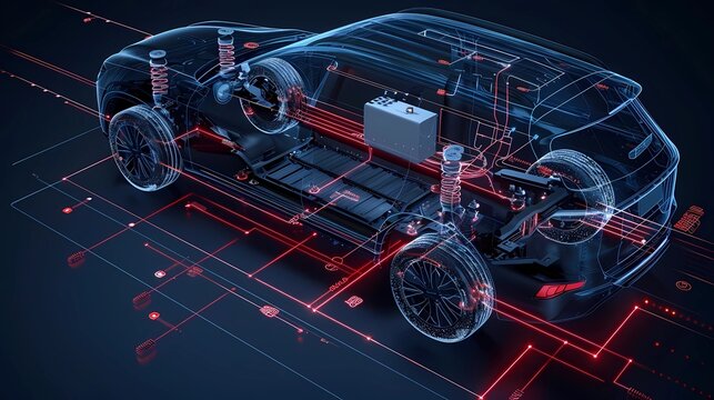 A regenerative braking system diagram showing the flow of energy from braking system to battery, Generative AI illustrations.