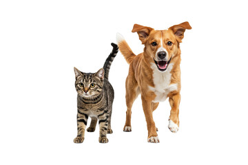 Tabby cat and happy dog friends animal pet image - png, isolated on transparent background