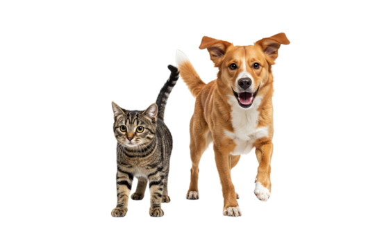 Tabby cat and happy dog friends animal pet image - png, isolated on transparent background