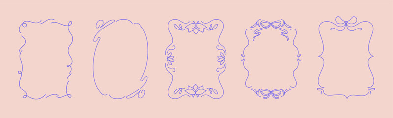 Collection of doodle hand drawn trendy frames with wavy lines, bows and ribbons. Minimalist line art for birthday, christmas, wedding Invitations.