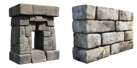 Stone monolith structures and ancient block walls isolated on transparent background perfect for archaeology, ruins, and ancient construction themes