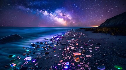 At night, the beach is covered with colorful glowing glass stones and pebbles on it, which glow in neon light colors, Generative AI illustrations.