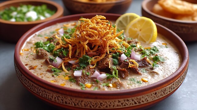Eid special mutton or beef haleem served in a traditional bowl, topped with fried onions, cilantro, and a squeeze of lemon, ideal for a hearty meal 