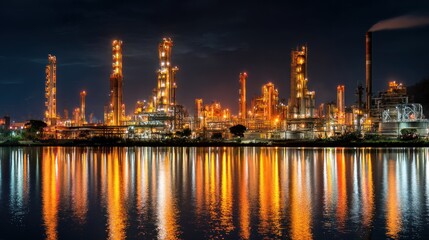 Industrial complex at night, reflected in water