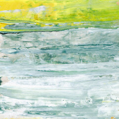 acrylic landscape textured, sea with waves and green grass field. Hand-drawn with acrylic. For posters, printing of paintings and interior design