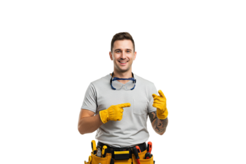 Man pointing wearing yellow gloves and tool belt - png, isolated on transparent background