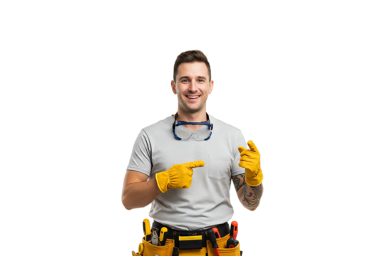 Man pointing wearing yellow gloves and tool belt - png, isolated on transparent background - Powered by Adobe