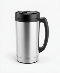 Stainless Steel Travel Mug with Black Lid & Handle – Durable, Portable Drinkware