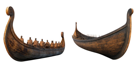 Viking wooden ships with curved prows isolated on transparent background perfect for Norse mythology, exploration, and historical naval themes