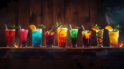 A old wooden table with different kind of mocktails,  mocktails different colors, moody, wood, dark, different colors, Generative AI illustrations.
