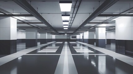 A underground car park in a a block of flats with camera security ,3d, low poly white and black bacground, Generative AI illustrations.