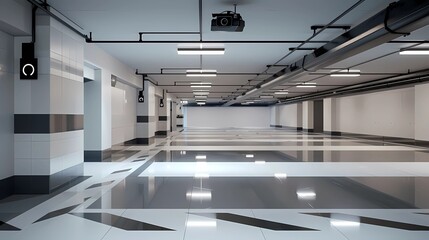 A underground car park in a a block of flats with camera security ,3d, low poly white and black bacground, Generative AI illustrations.