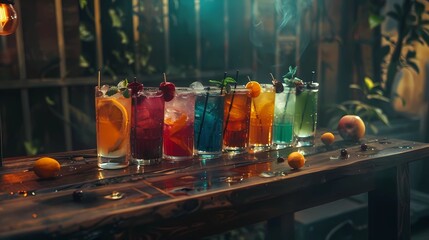 A old wooden table with different kind of mocktails,  mocktails different colors, moody, wood, dark, different colors, Generative AI illustrations.
