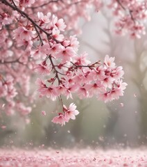 Obraz premium Delicate pink sakura petals drift on a soft-focus spring background , close-up, ethereal, wallpaper