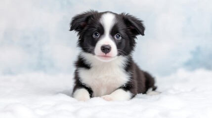Adorable puppy, black and white, laying down