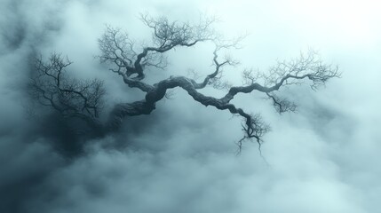 Misty, bare tree in ethereal fog