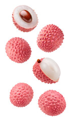 Fresh lychees in mid-air isolated on transparent background