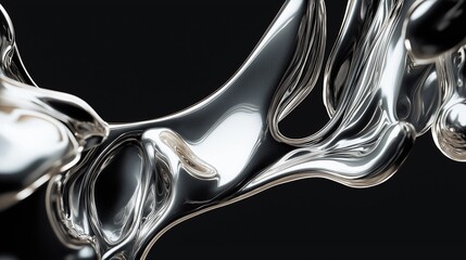 3D render of melting liquid silver on a black background, close-up, with an elegant and luxurious aesthetic, soft lighting, fluid shapes, delicate curves
