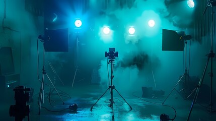 A flyer for a filming studio with light blue, abstract chroma, minimalist, serious, fine aesthetic, a film camera, microphones, speakers, dark background, Generative AI illustrations.