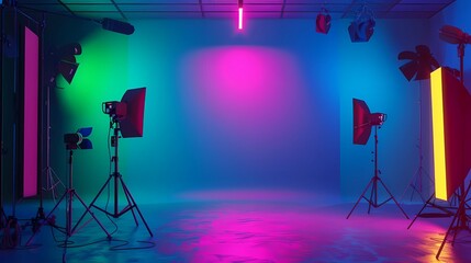 A flyer for a filming studio with light blue, abstract chroma, minimalist, serious, fine aesthetic, a film camera, microphones, speakers, dark background, Generative AI illustrations.