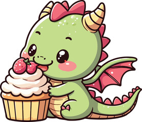 Cute Chibi Dragon Eating Cup Cake Character Cartoon Illustration
