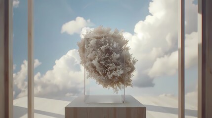 A off white vitrine column with rectangular bell with a central and perfect ball of levitation grass inside with a hollowed-out cube in the center against a sky background,  Generative AI illustration