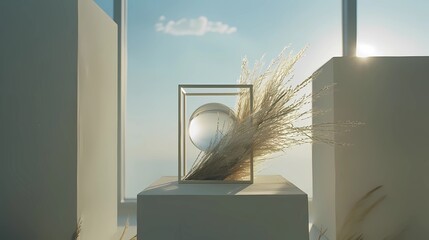 A off white vitrine column with rectangular bell with a central and perfect ball of levitation grass inside with a hollowed-out cube in the center against a sky background,  Generative AI illustration