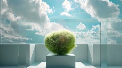 A off white vitrine column with rectangular bell with a central and perfect ball of levitation grass inside with a hollowed-out cube in the center against a sky background,  Generative AI illustration