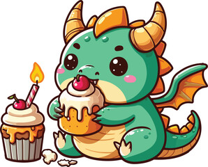 Cute Chibi Dragon Eating Cup Cake Character Cartoon Illustration