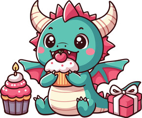 Cute Chibi Dragon Eating Cup Cake Character Cartoon Illustration
