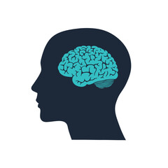 The illustration, in a modern flat style, depicts a human head with a silhouette face and brain, signifying mental health
