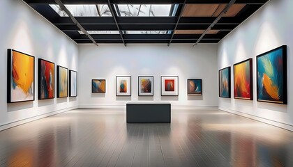 Minimalist Art Gallery Showcasing Stunning Paintings Against a Clean Backdrop of White Walls, Radiating Intrigue and Serenity in an Aesthetic Haven.